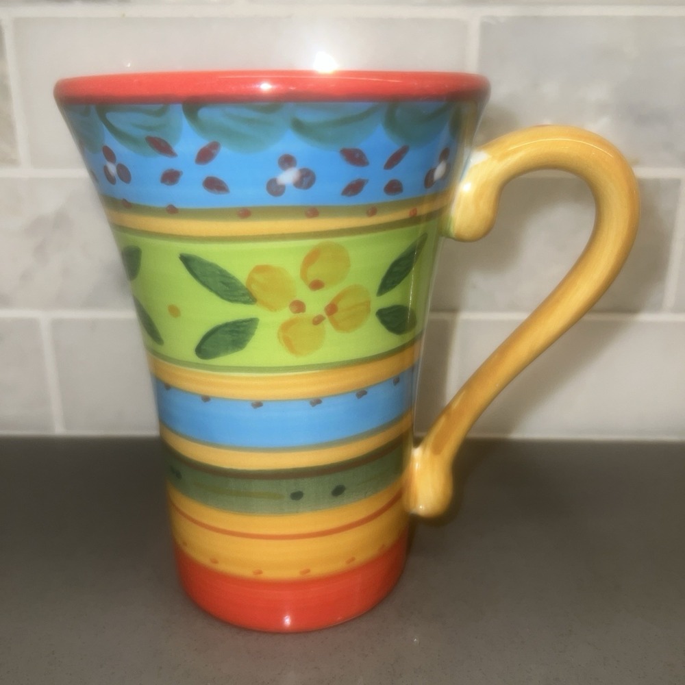 Vibrant Gourmet by Fitz and Floyd Fiesta Coffee Mug Striped/floral 12 oz EUC